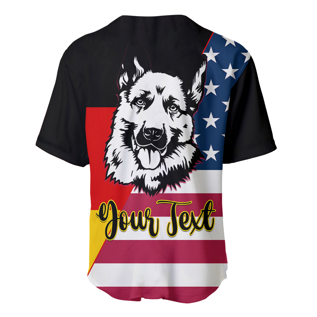Personalized black baseball jersey with German Shepherd face, American flag panels, Your Text