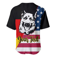 Personalized black baseball jersey with German Shepherd face, American flag panels, Your Text