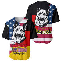 Personalized black baseball jersey with German Shepherd face and flag design; front and back shown