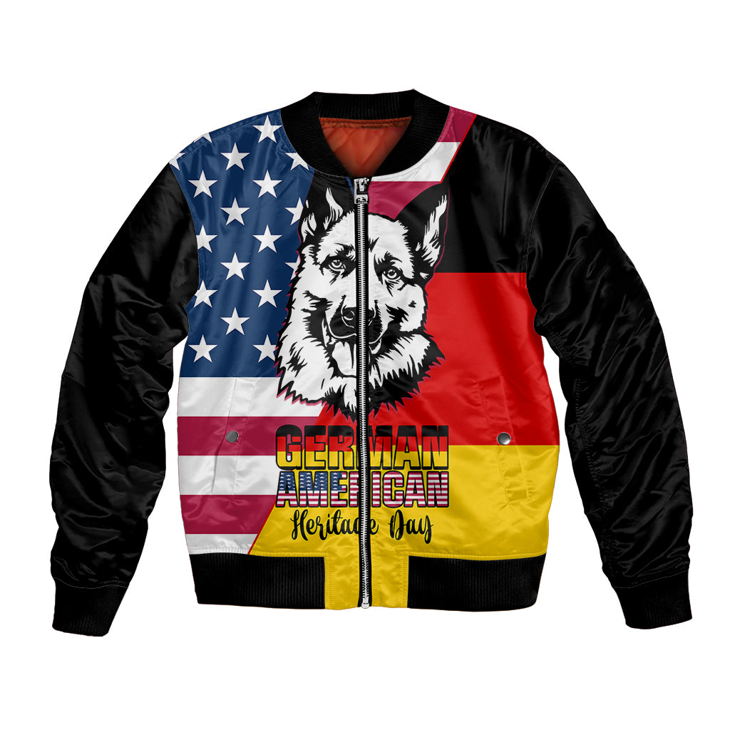 Black unisex bomber jacket with German-American flag panel and German shepherd graphic