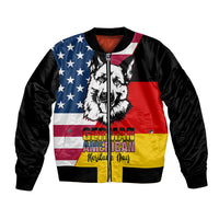 Black unisex bomber jacket with German-American flag panel and German shepherd graphic