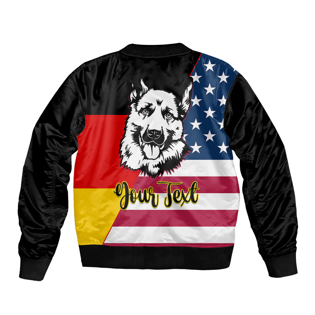 Black unisex bomber jacket with German-American flag stripes, shepherd graphic, 'Your Text'