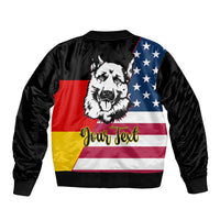 Black unisex bomber jacket with German-American flag stripes, shepherd graphic, 'Your Text'