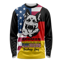 Black unisex long-sleeve shirt with German Shepherd dog graphic and German-American flag