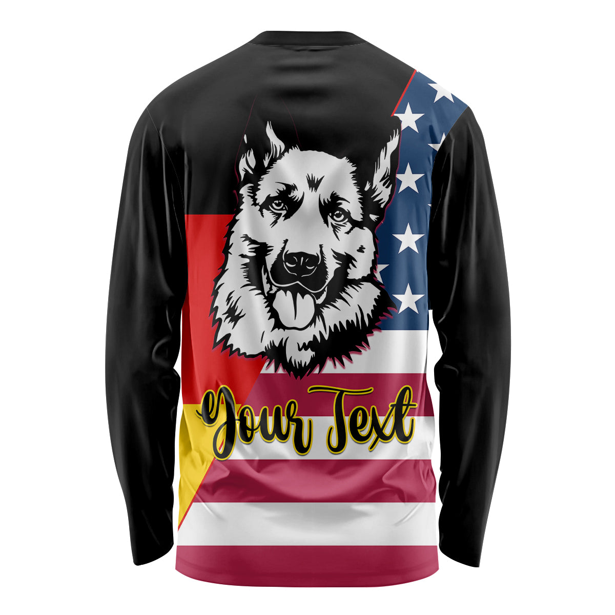 Black unisex long-sleeve shirt, German Shepherd dog graphic on back with 'Your Text'