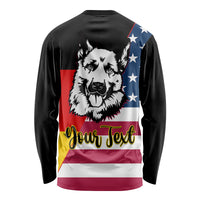 Black unisex long-sleeve shirt, German Shepherd dog graphic on back with 'Your Text'