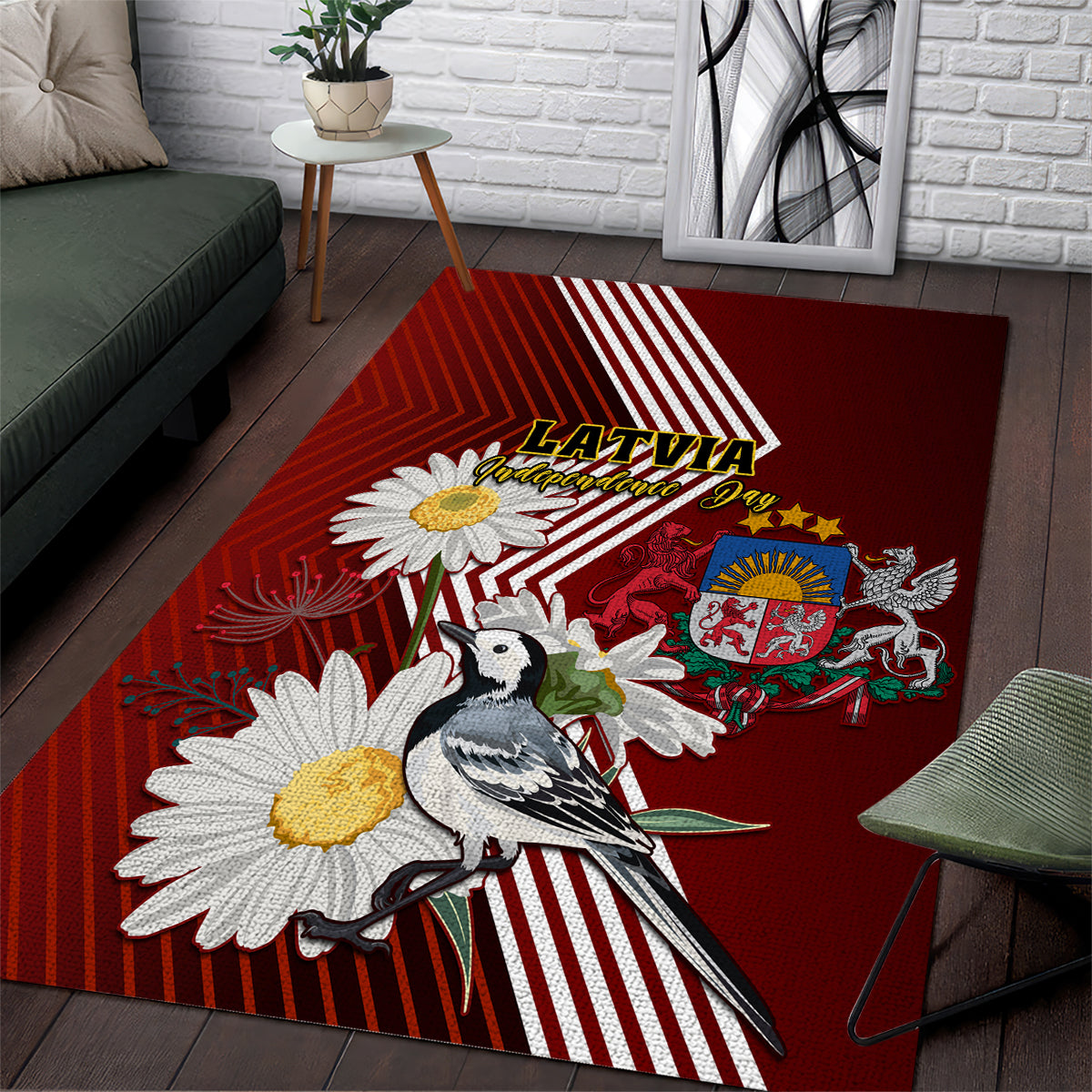 Latvia Independence Day Area Rug Latvijas White Wagtail With Daisy Flowers - Wonder Print Shop