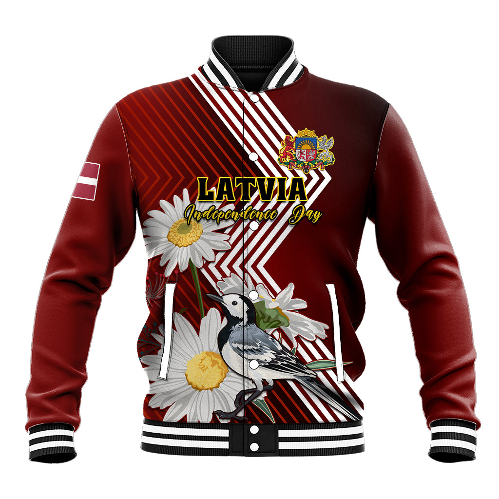 Latvia Independence Day Baseball Jacket Latvijas White Wagtail With Daisy Flowers - Wonder Print Shop