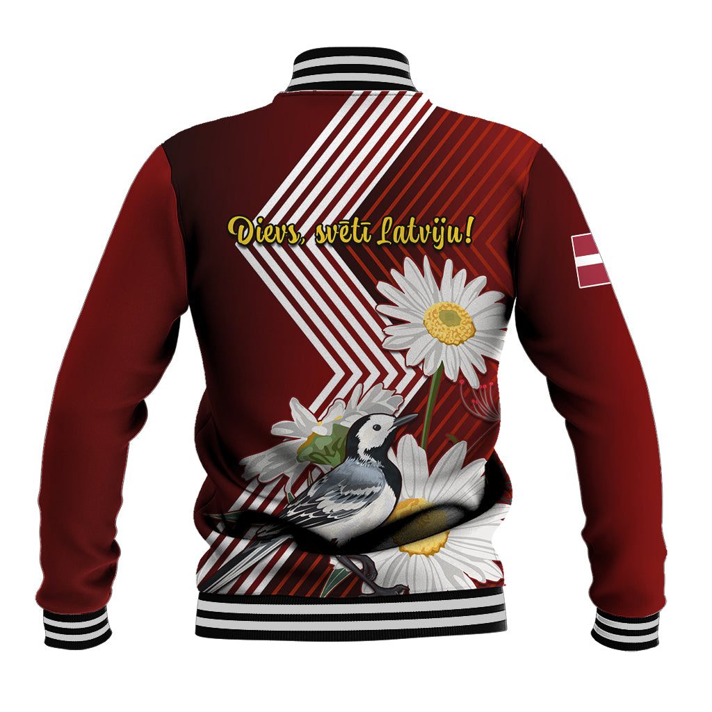 Red baseball jacket with striped collar, back text, bird and daisy floral print