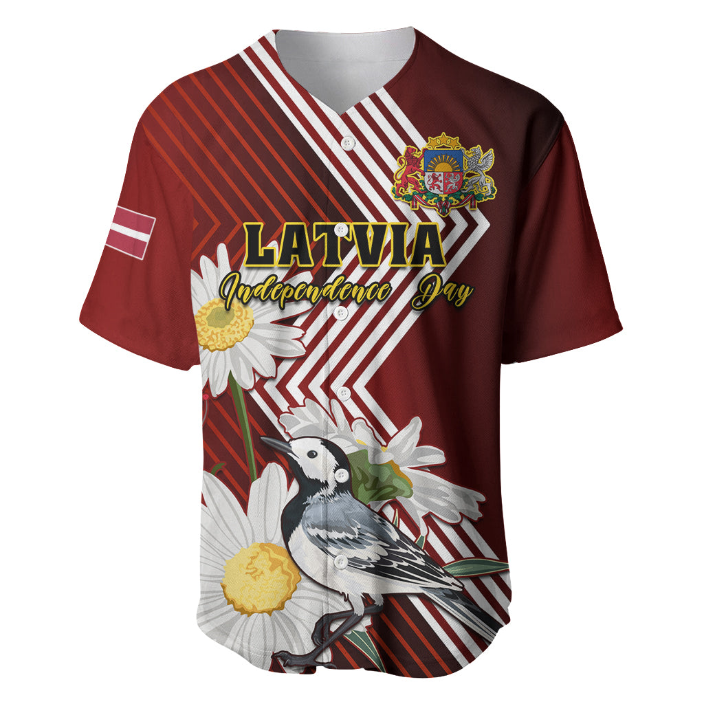 Latvia Independence Day Baseball Jersey Latvijas White Wagtail With Daisy Flowers - Wonder Print Shop