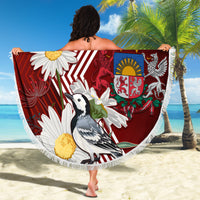 Round beach blanket with white fringe, red Latvia Independence Day artwork with daisy and bird