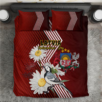 Red bedding set with 2 matching pillows, Latvia Independence Day text, bird and daisy print