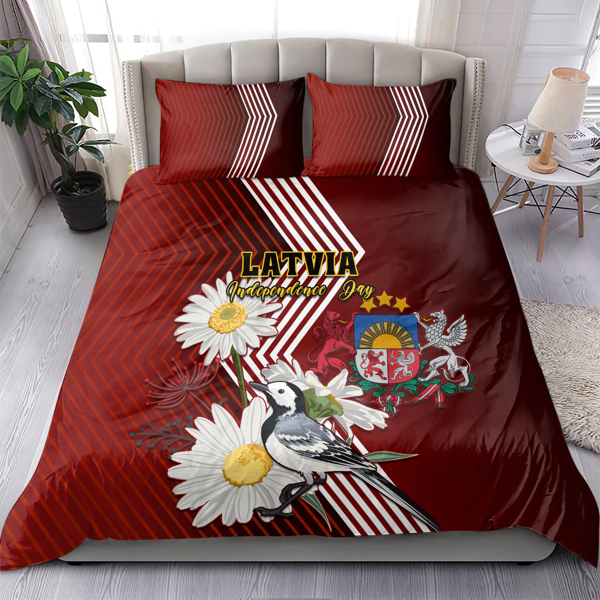 Red bedding set with two pillows and duvet, Latvia Independence Day design with wagtail and daisies