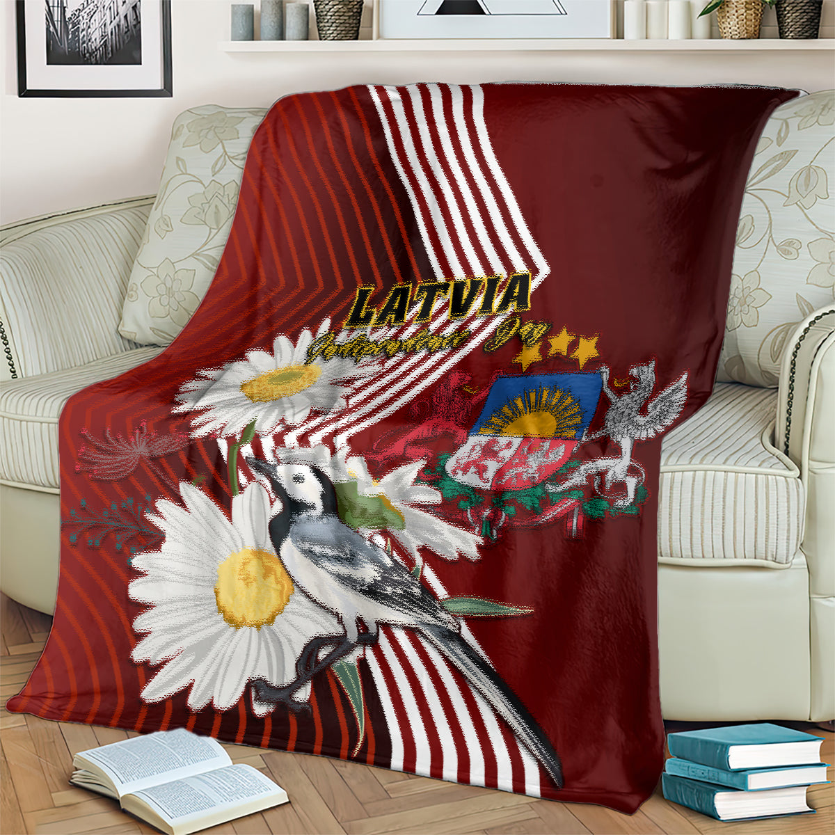 Red blanket with white diagonal stripe pattern, Latvia lettering, wagtail and daisies