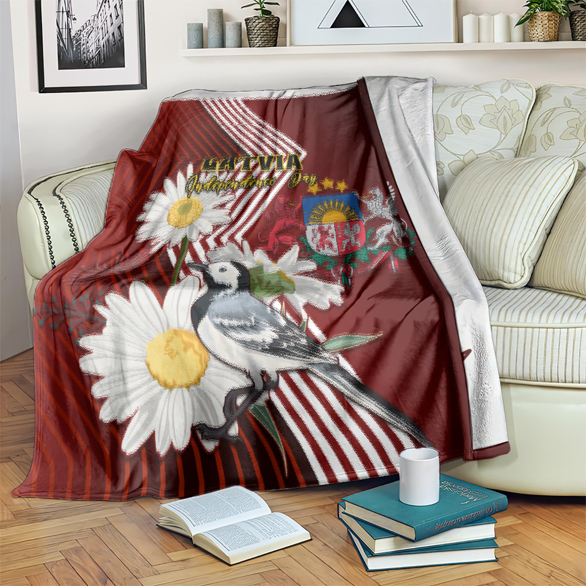 Red blanket draped over couch, featuring Latvia text, crest, wagtail bird, daisies