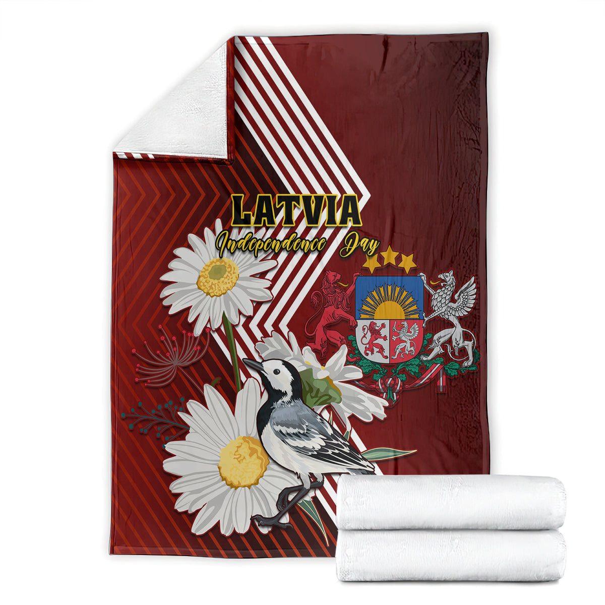 Red blanket stack with white diagonal stripes, Latvia text, wagtail bird and daisies