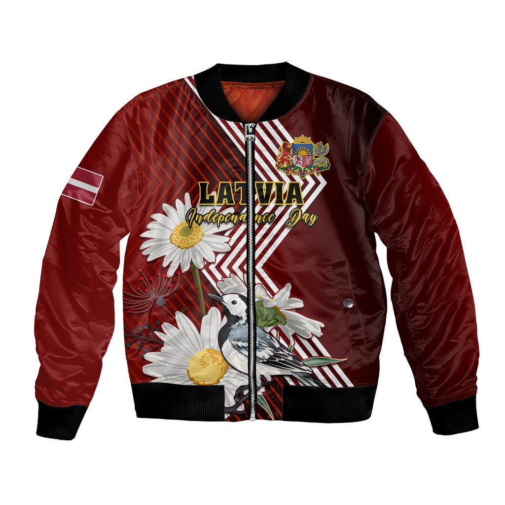 Latvia Independence Day Bomber Jacket Latvijas White Wagtail With Daisy Flowers - Wonder Print Shop