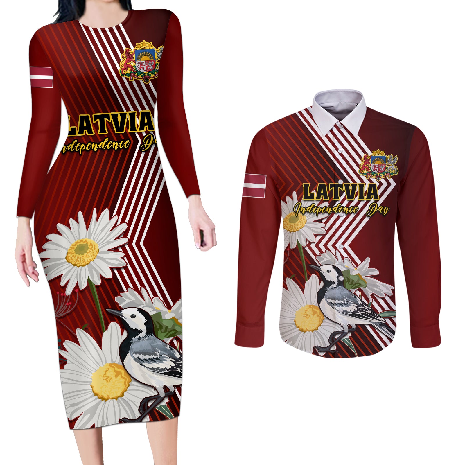 Latvia Independence Day Couples Matching Long Sleeve Bodycon Dress and Long Sleeve Button Shirt Latvijas White Wagtail With Daisy Flowers - Wonder Print Shop