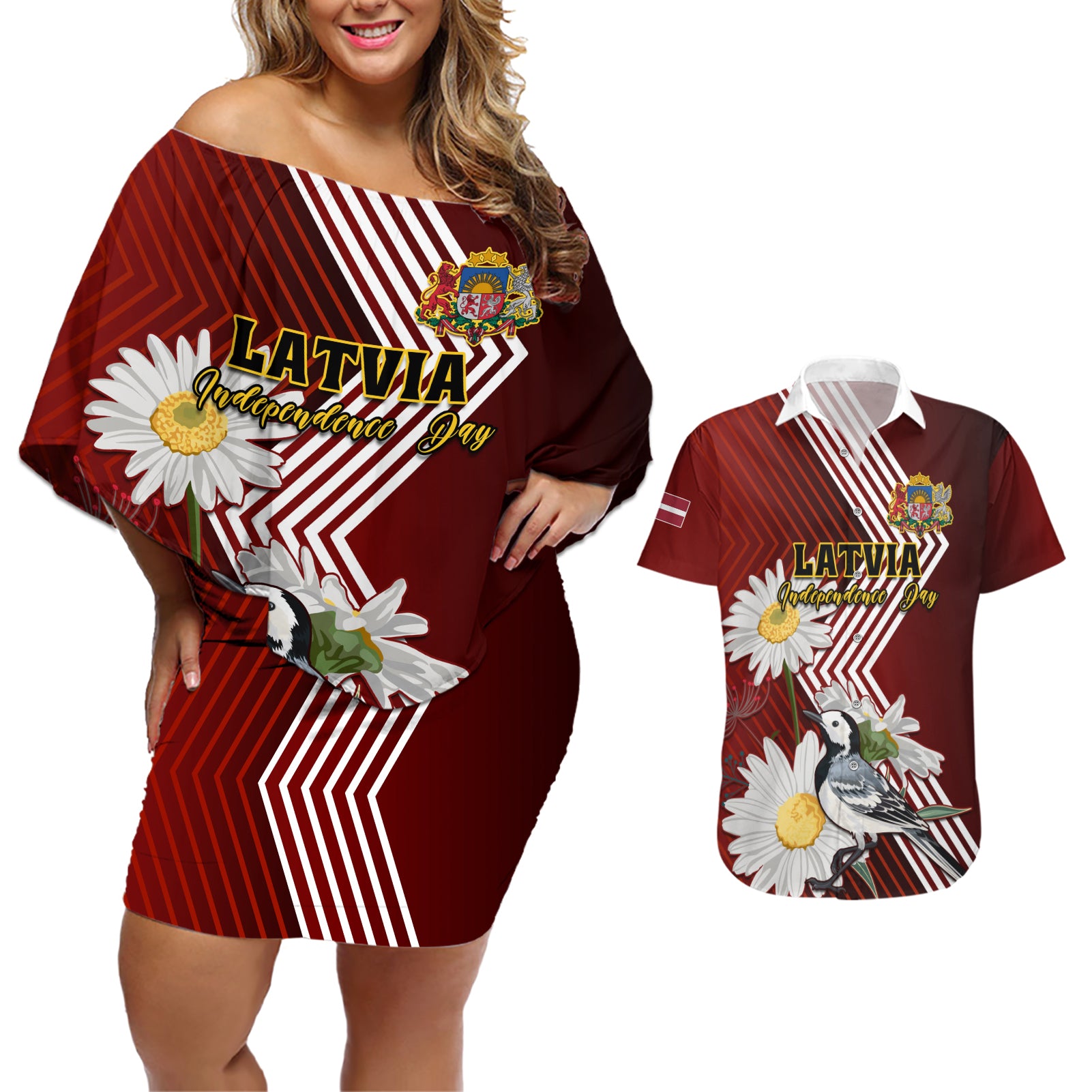 Latvia Independence Day Couples Matching Off Shoulder Short Dress and Hawaiian Shirt Latvijas White Wagtail With Daisy Flowers - Wonder Print Shop