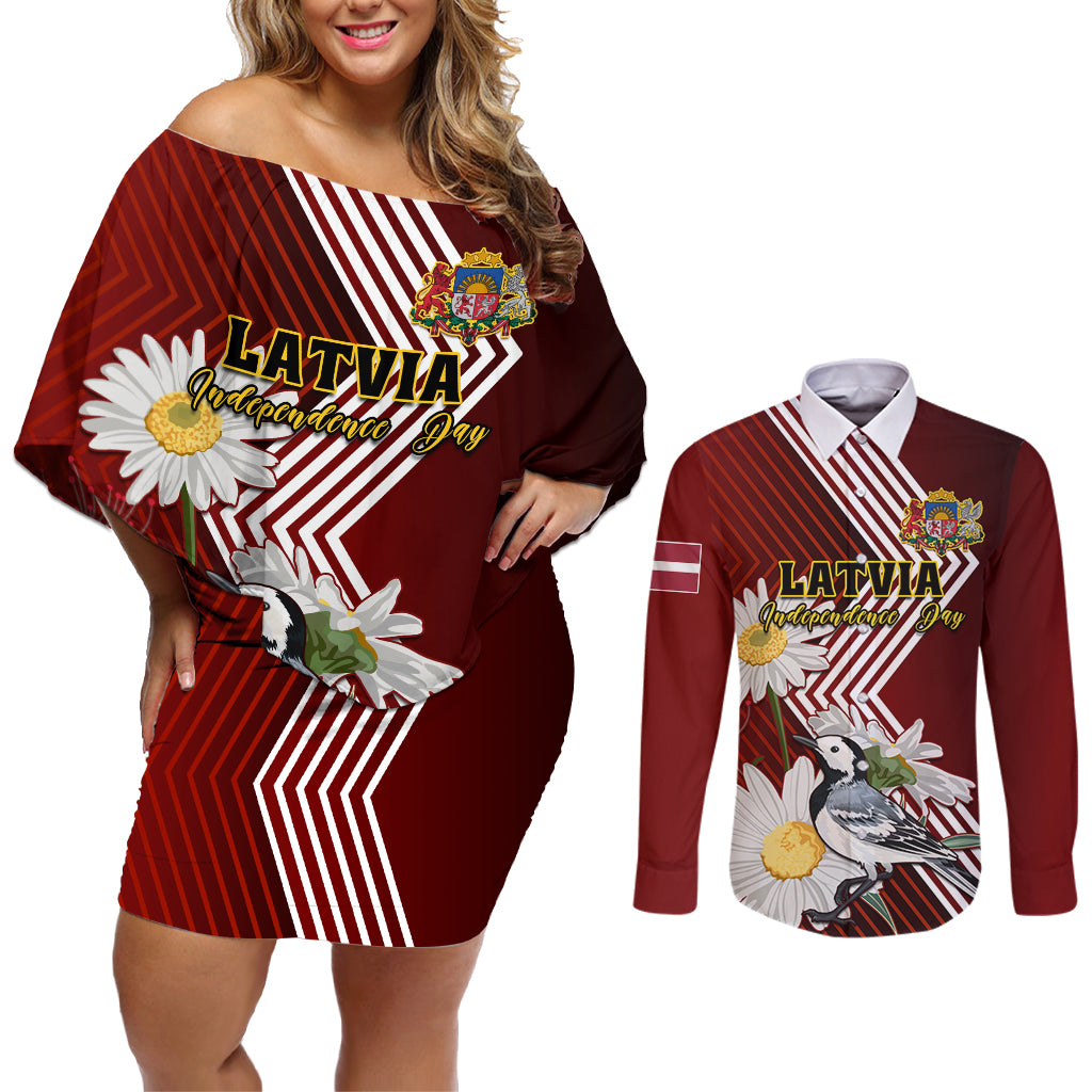 Latvia Independence Day Couples Matching Off Shoulder Short Dress and Long Sleeve Button Shirt Latvijas White Wagtail With Daisy Flowers - Wonder Print Shop