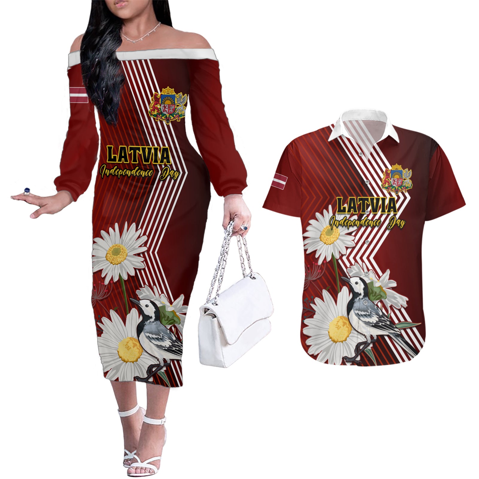 Latvia Independence Day Couples Matching Off The Shoulder Long Sleeve Dress and Hawaiian Shirt Latvijas White Wagtail With Daisy Flowers - Wonder Print Shop