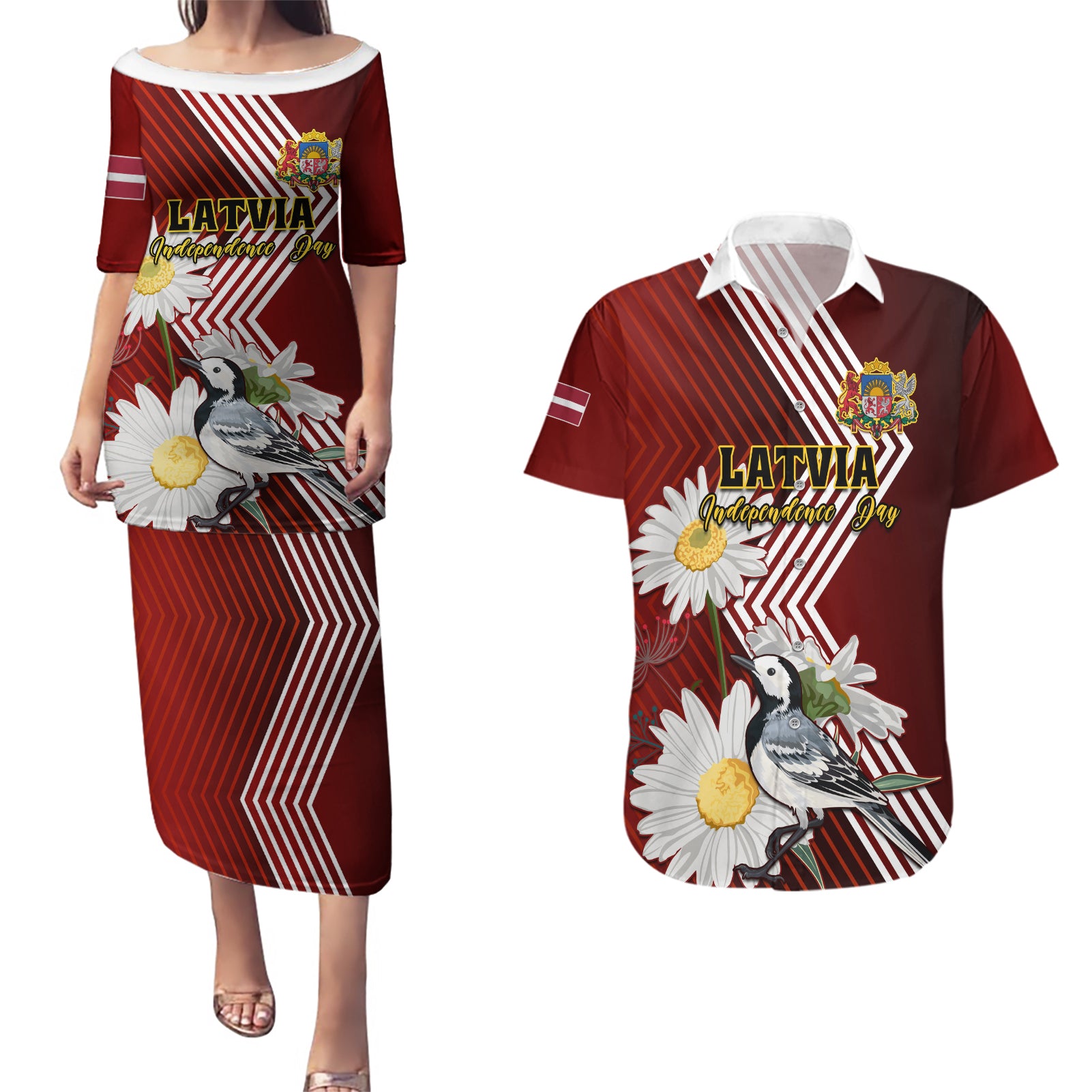 Latvia Independence Day Couples Matching Puletasi Dress and Hawaiian Shirt Latvijas White Wagtail With Daisy Flowers - Wonder Print Shop