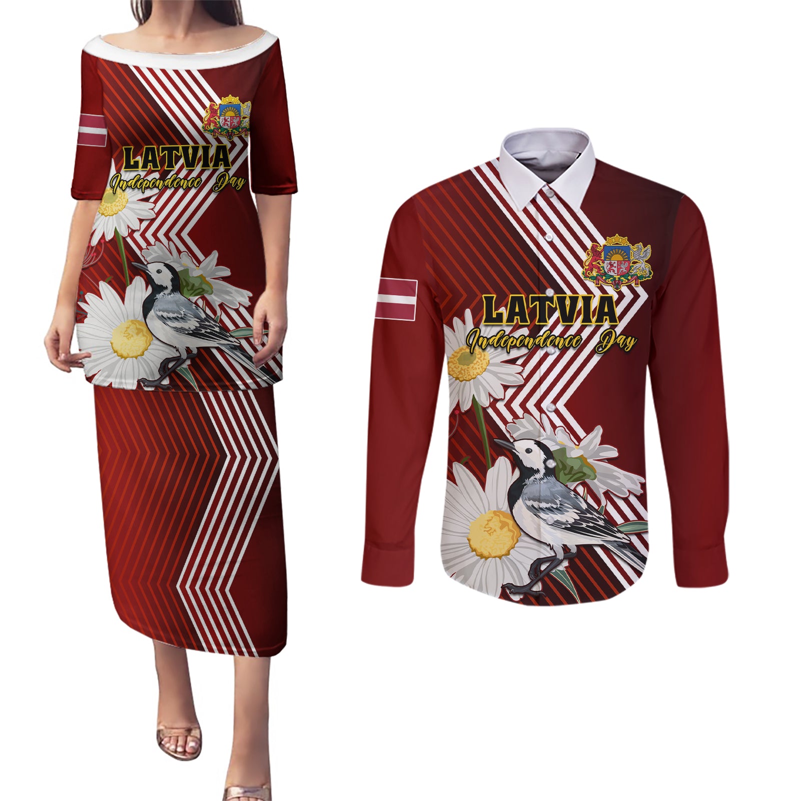 Latvia Independence Day Couples Matching Puletasi Dress and Long Sleeve Button Shirt Latvijas White Wagtail With Daisy Flowers - Wonder Print Shop