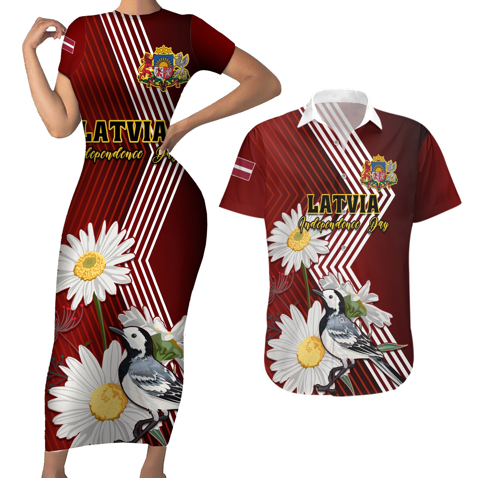 Latvia Independence Day Couples Matching Short Sleeve Bodycon Dress and Hawaiian Shirt Latvijas White Wagtail With Daisy Flowers - Wonder Print Shop