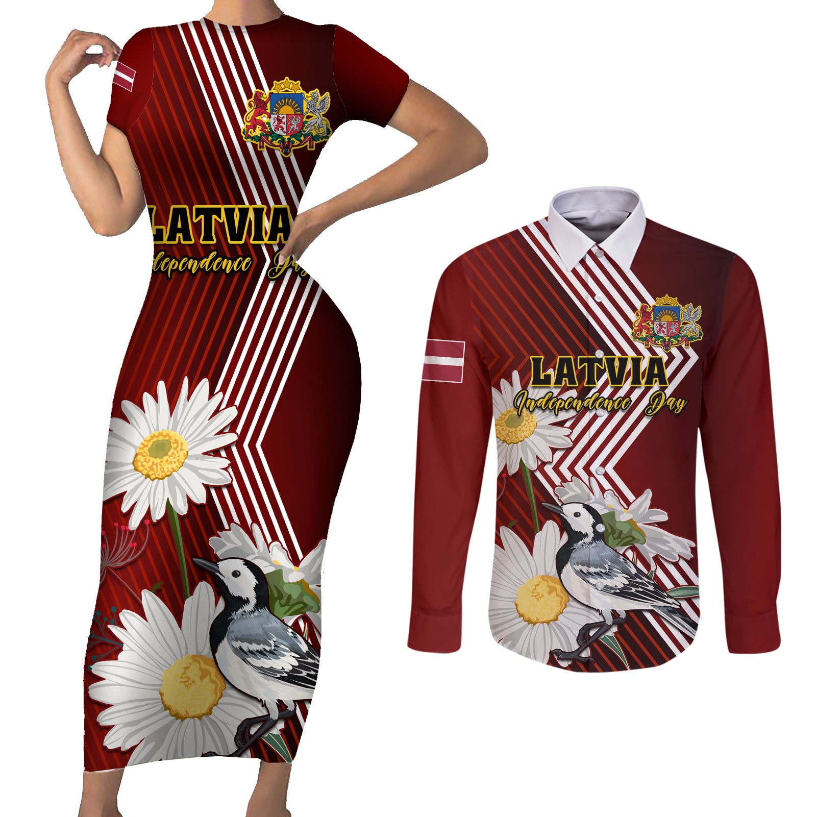 Latvia Independence Day Couples Matching Short Sleeve Bodycon Dress and Long Sleeve Button Shirt Latvijas White Wagtail With Daisy Flowers - Wonder Print Shop