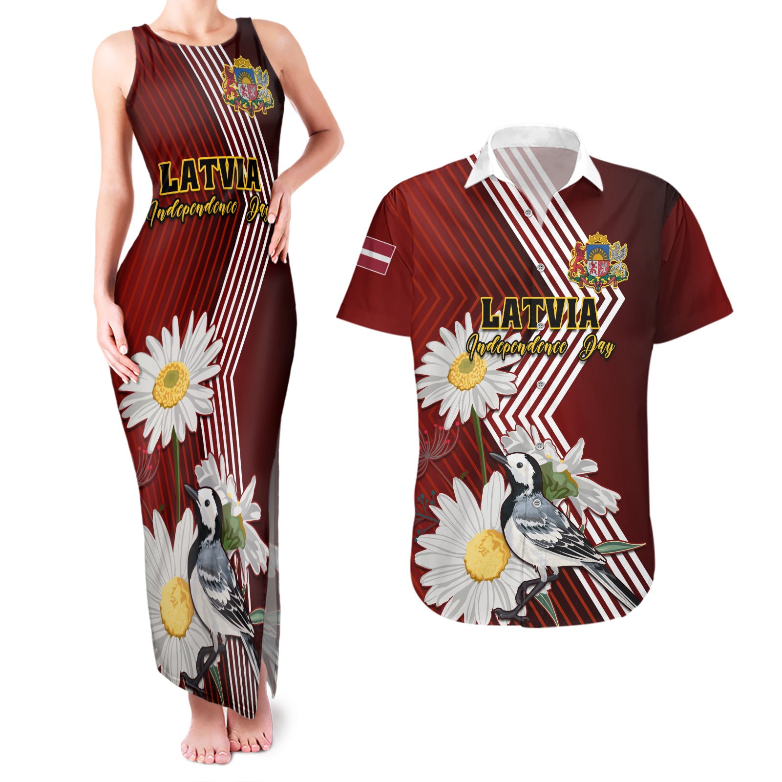 Latvia Independence Day Couples Matching Tank Maxi Dress and Hawaiian Shirt Latvijas White Wagtail With Daisy Flowers - Wonder Print Shop