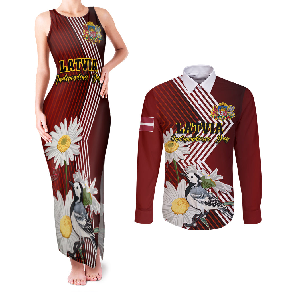 Latvia Independence Day Couples Matching Tank Maxi Dress and Long Sleeve Button Shirt Latvijas White Wagtail With Daisy Flowers - Wonder Print Shop