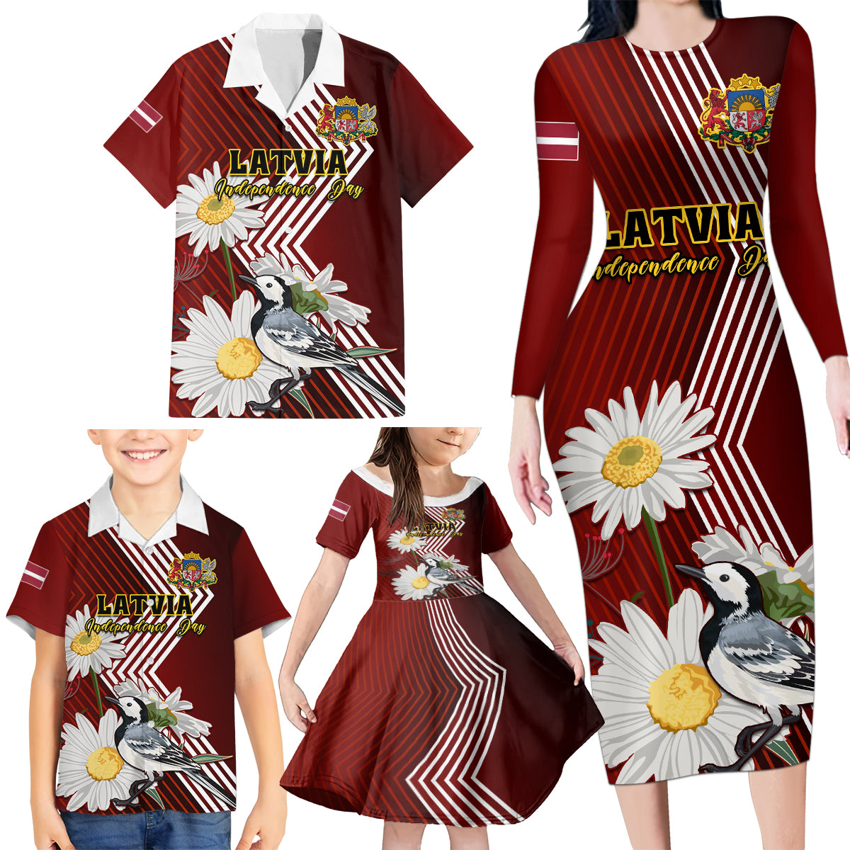 Latvia Independence Day Family Matching Long Sleeve Bodycon Dress and Hawaiian Shirt Latvijas White Wagtail With Daisy Flowers - Wonder Print Shop