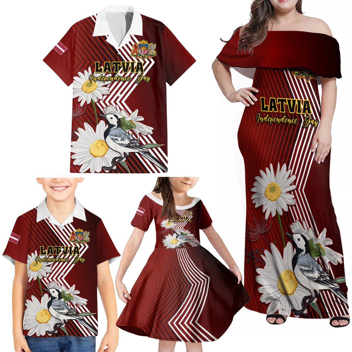 Latvia Independence Day Family Matching Off Shoulder Maxi Dress and Hawaiian Shirt Latvijas White Wagtail With Daisy Flowers - Wonder Print Shop