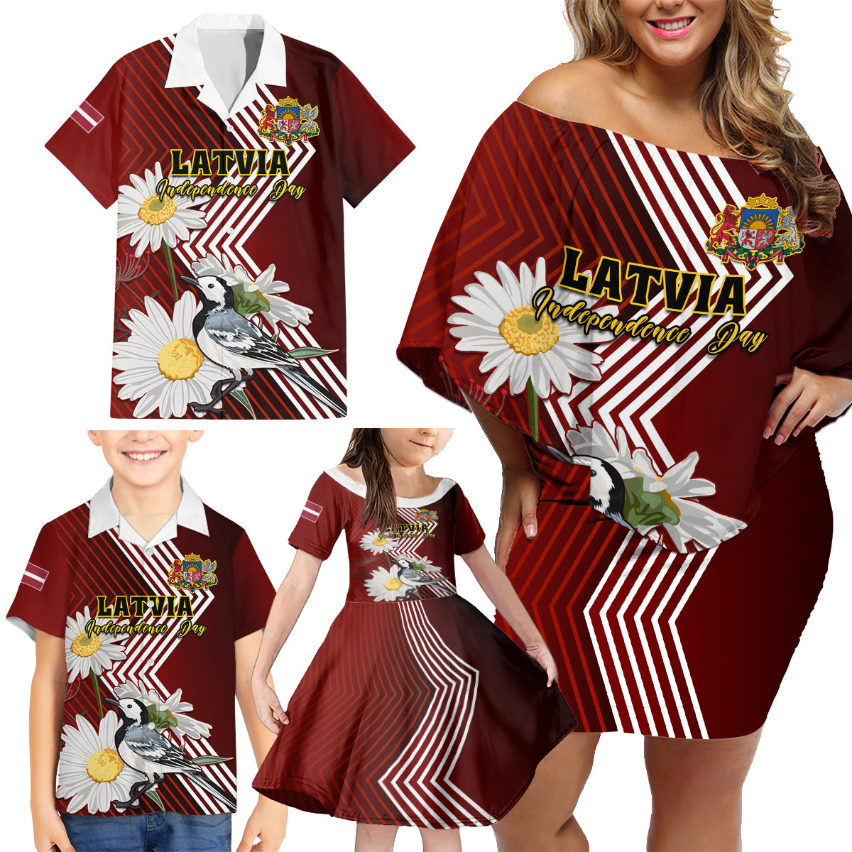 Latvia Independence Day Family Matching Off Shoulder Short Dress and Hawaiian Shirt Latvijas White Wagtail With Daisy Flowers - Wonder Print Shop