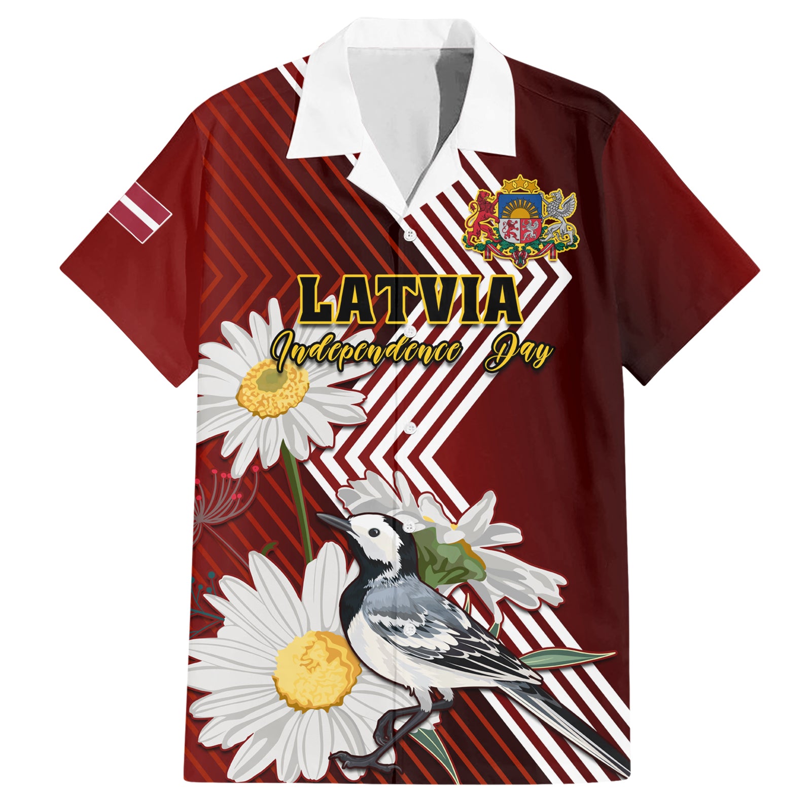 Latvia Independence Day Hawaiian Shirt Latvijas White Wagtail With Daisy Flowers - Wonder Print Shop