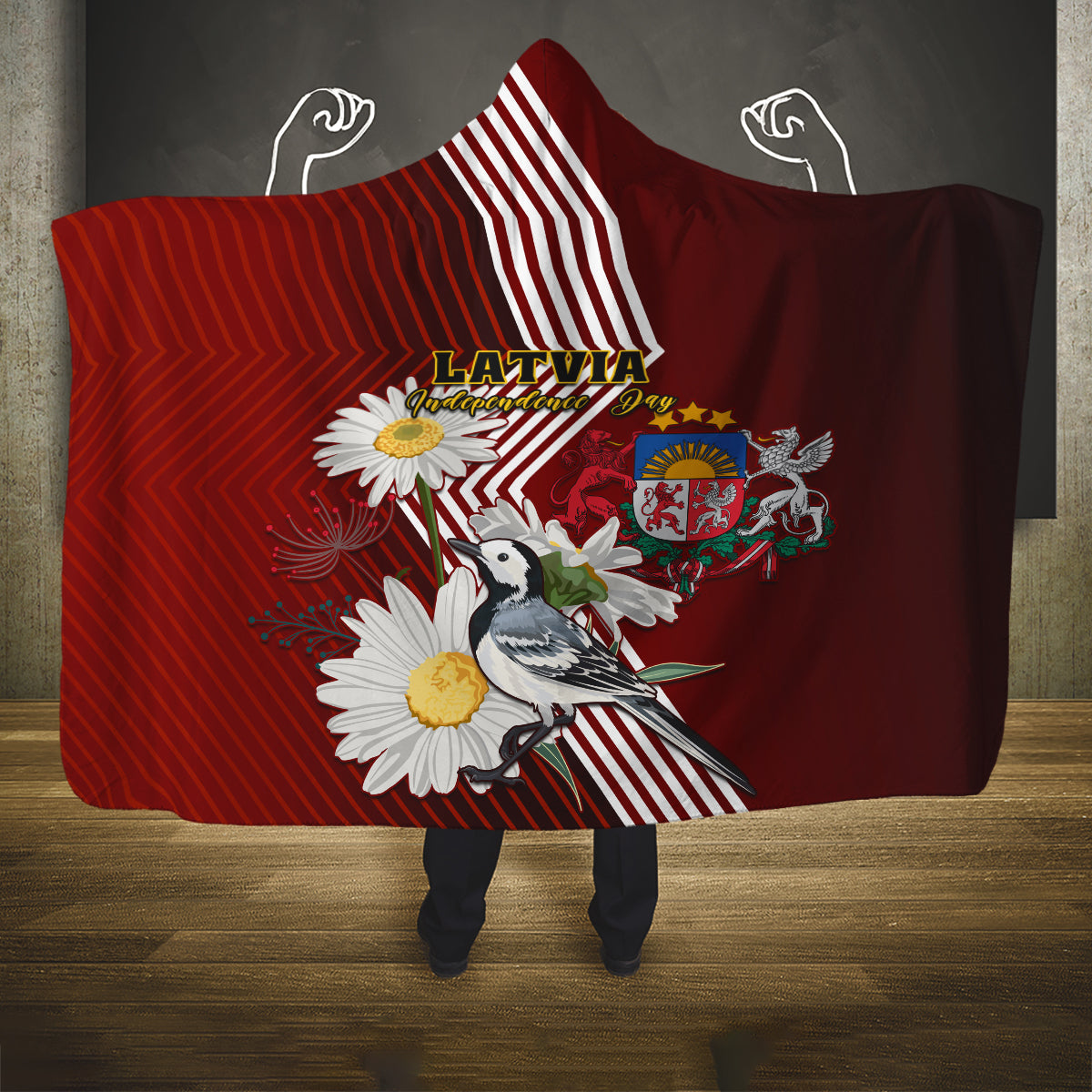 latvia-independence-day-hooded-blanket-latvijas-white-wagtail-with-daisy-flowers