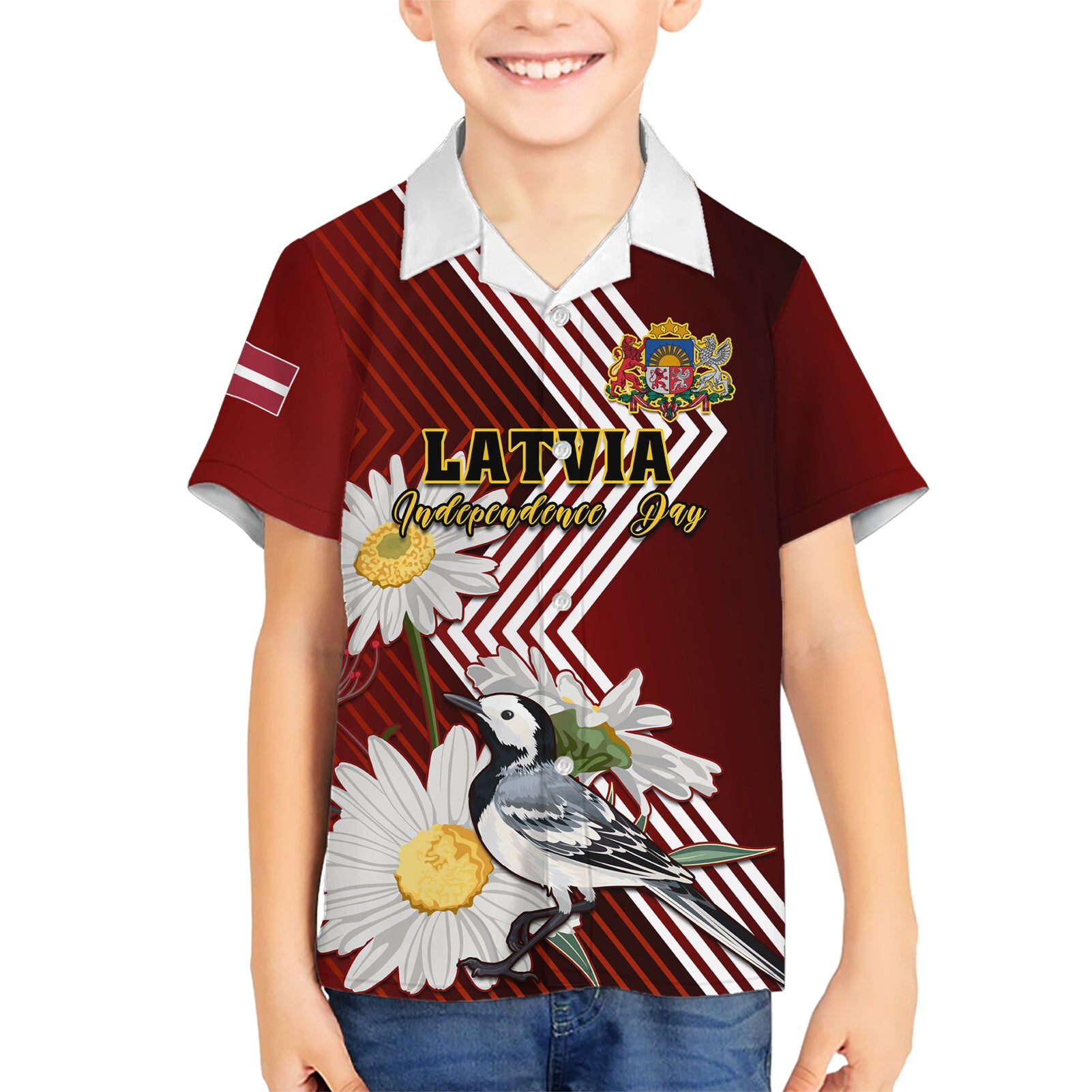 Latvia Independence Day Kid Hawaiian Shirt Latvijas White Wagtail With Daisy Flowers - Wonder Print Shop