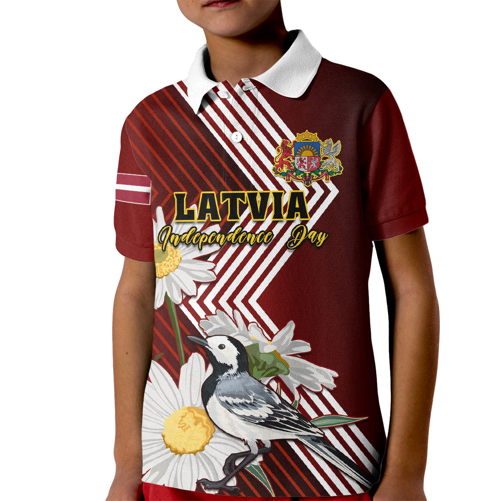 Latvia Independence Day Kid Polo Shirt Latvijas White Wagtail With Daisy Flowers - Wonder Print Shop