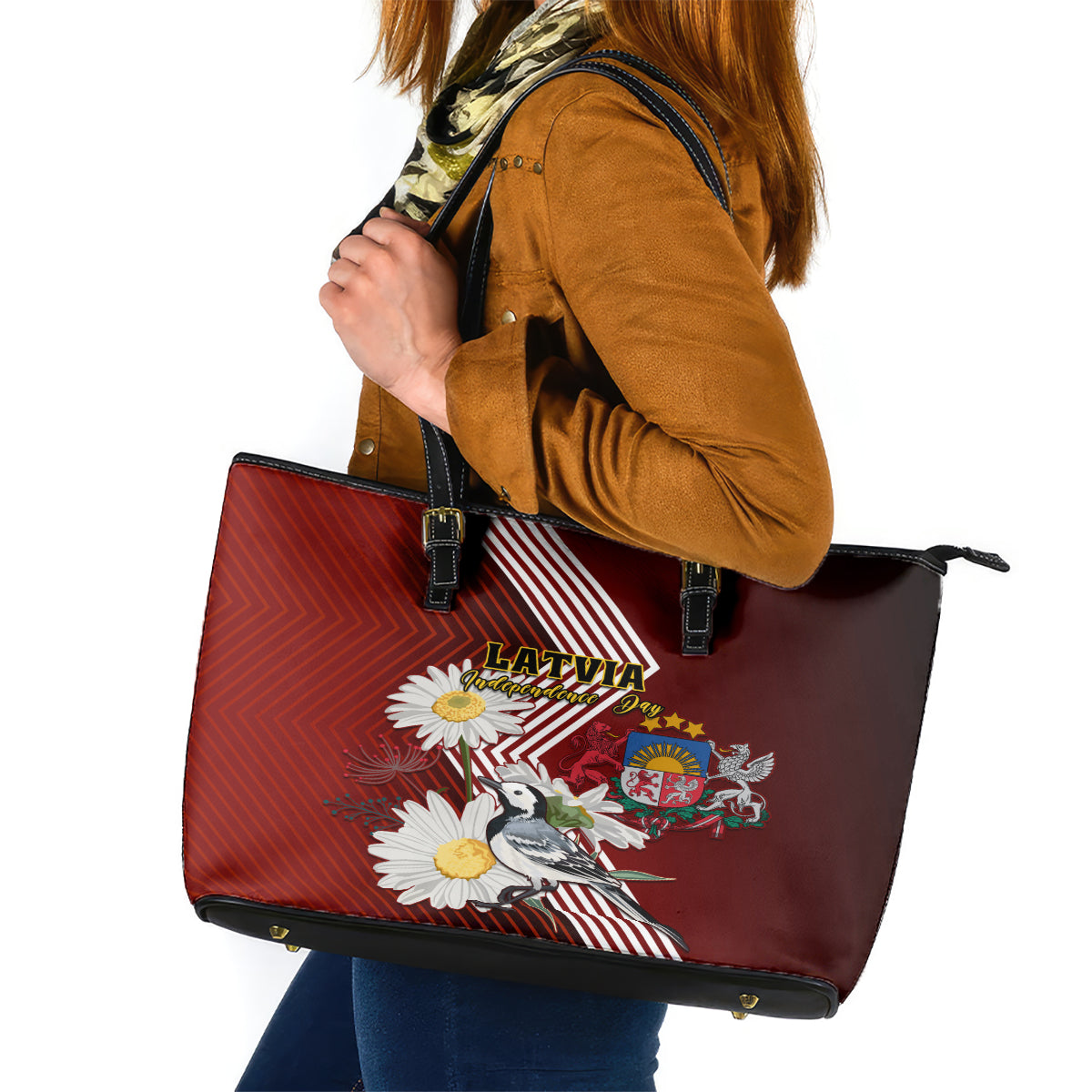 Latvia Independence Day Leather Tote Bag Latvijas White Wagtail With Daisy Flowers - Wonder Print Shop