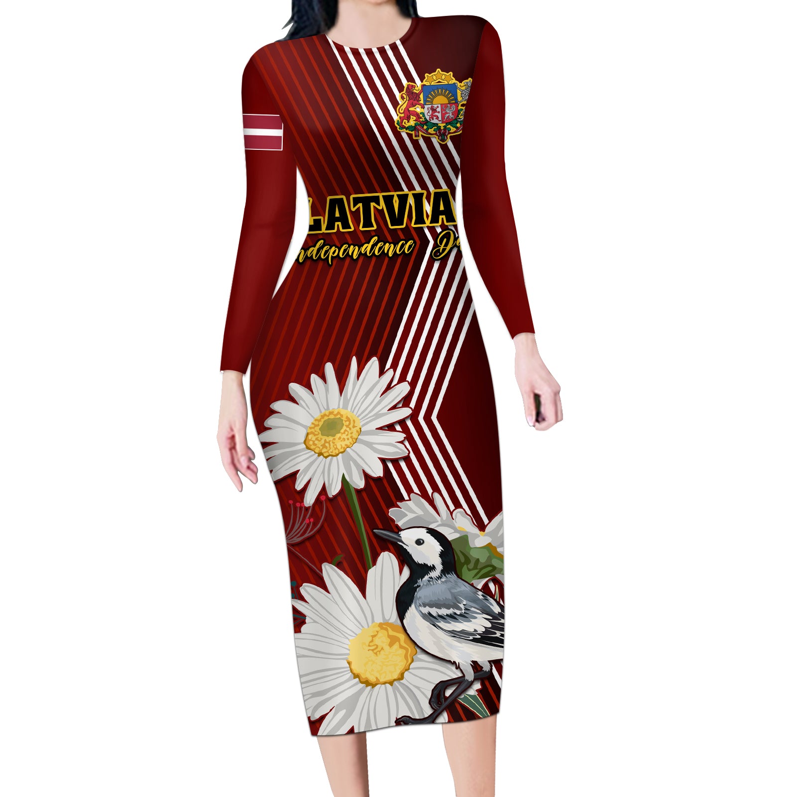 Latvia Independence Day Long Sleeve Bodycon Dress Latvijas White Wagtail With Daisy Flowers - Wonder Print Shop