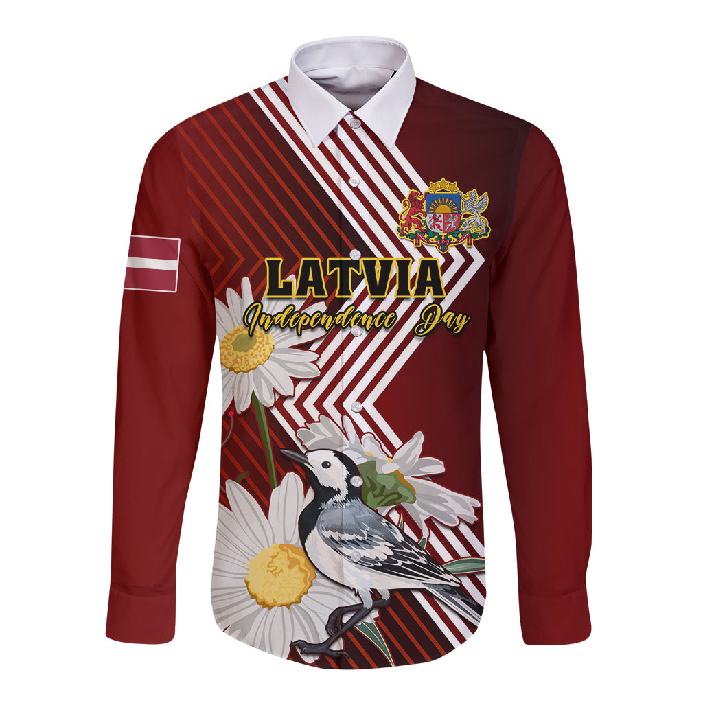 Red long-sleeve button shirt with bird, daisies, and diagonal stripe graphic