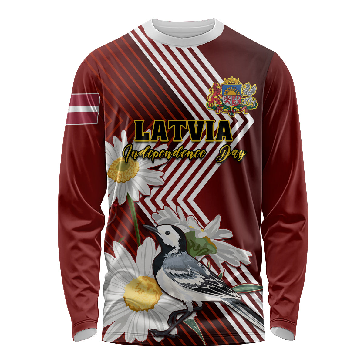 Latvia Independence Day Long Sleeve Shirt Latvijas White Wagtail With Daisy Flowers - Wonder Print Shop