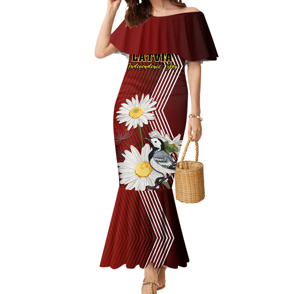 Latvia Independence Day Mermaid Dress Latvijas White Wagtail With Daisy Flowers - Wonder Print Shop