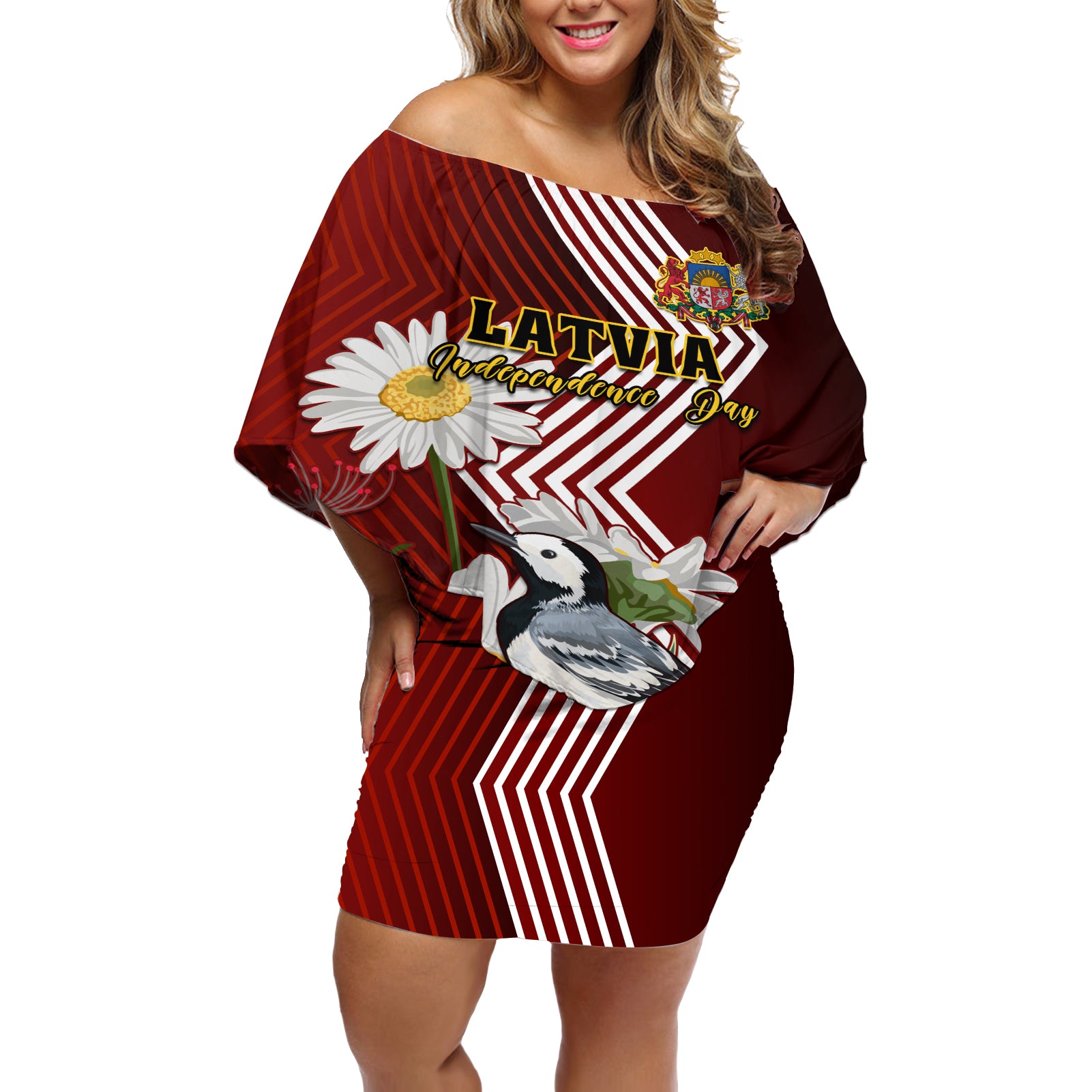 Latvia Independence Day Off Shoulder Short Dress Latvijas White Wagtail With Daisy Flowers - Wonder Print Shop