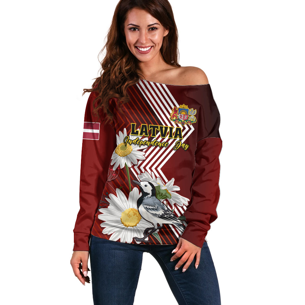 Latvia Independence Day Off Shoulder Sweater Latvijas White Wagtail With Daisy Flowers - Wonder Print Shop