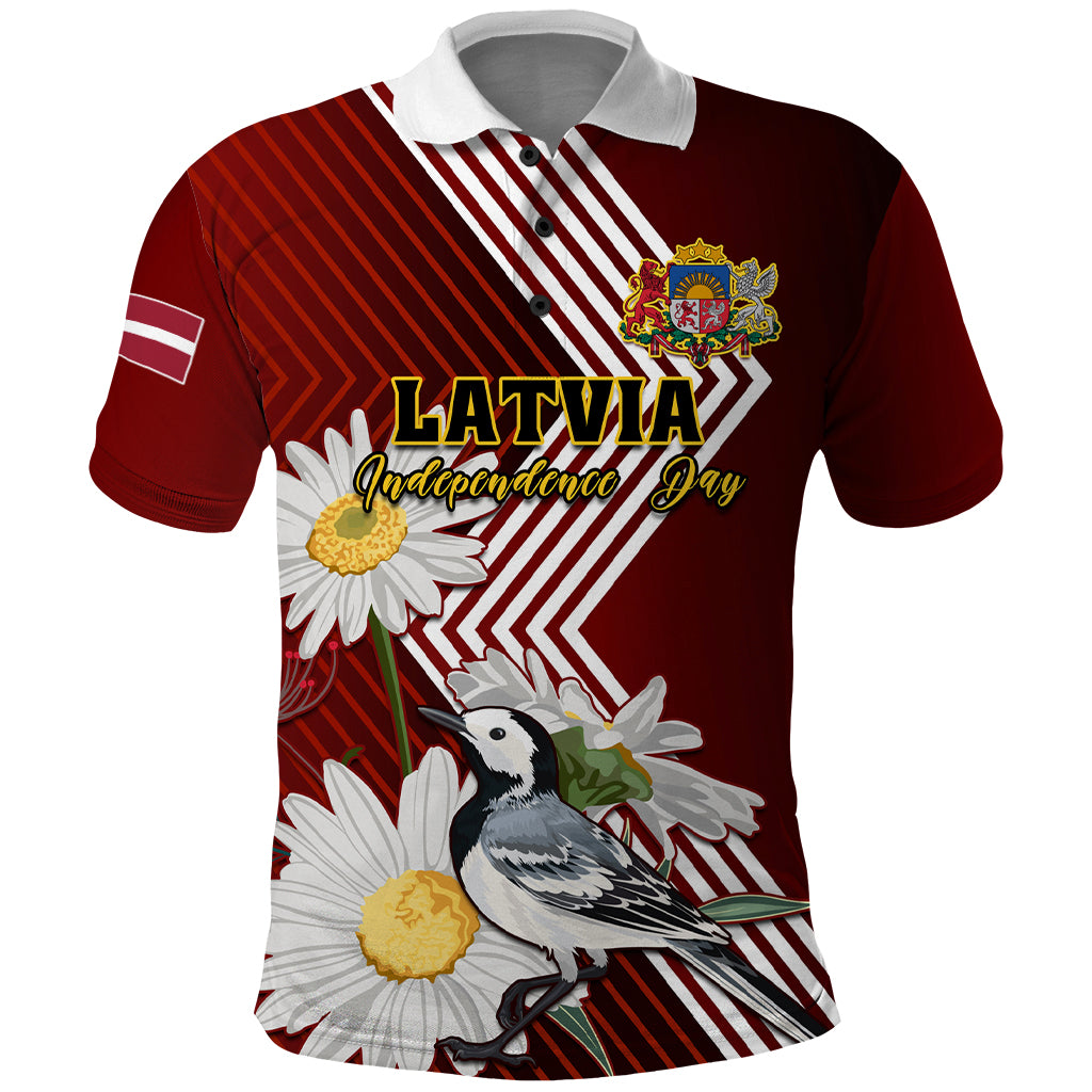 Latvia Independence Day Polo Shirt Latvijas White Wagtail With Daisy Flowers - Wonder Print Shop