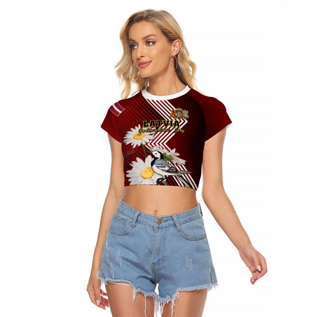 Latvia Independence Day Raglan Cropped T Shirt Latvijas White Wagtail With Daisy Flowers - Wonder Print Shop