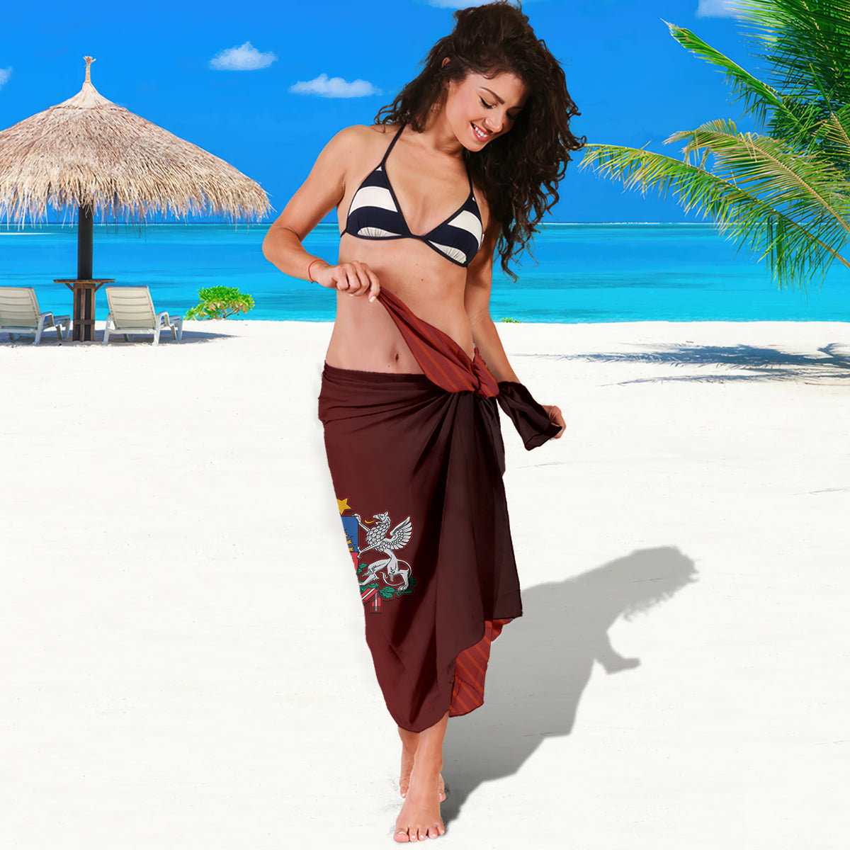 Latvia independence day sarong, dark maroon wrap with bird and daisy graphic on hem