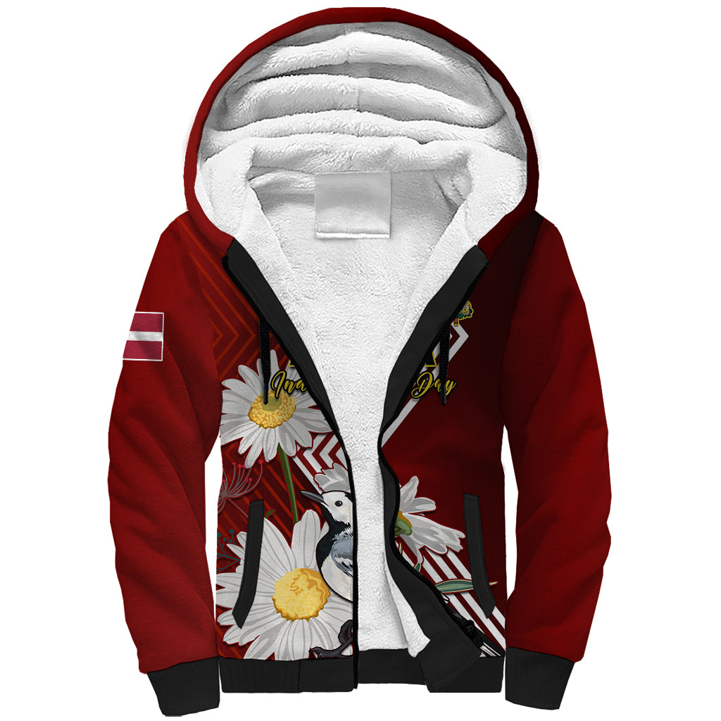 Latvia Independence Day Sherpa Hoodie Latvijas White Wagtail With Daisy Flowers - Wonder Print Shop