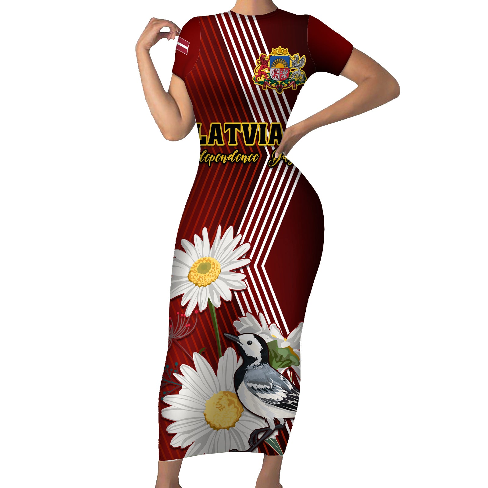 Latvia Independence Day Short Sleeve Bodycon Dress Latvijas White Wagtail With Daisy Flowers - Wonder Print Shop